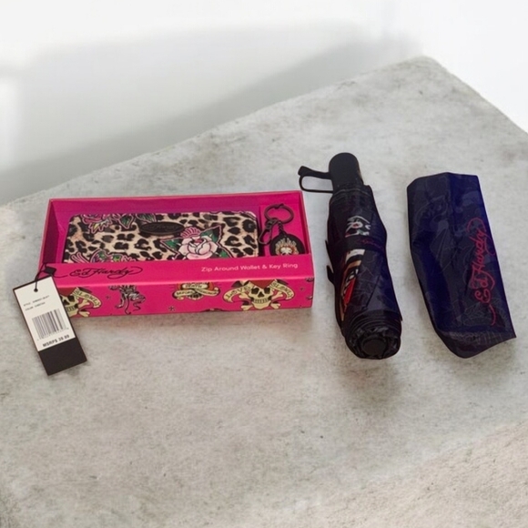 Ed Hardy Other - NWT Ed Hardy Leopard Print Wallet, Bag Charm, and Umbrella Set